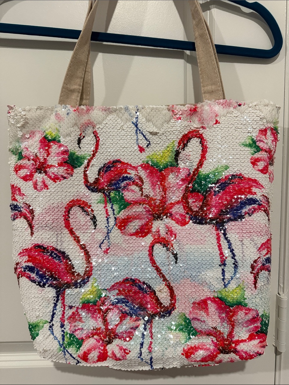 Reversible Sequin Flamingo Canvas Tote Bag in Pink & White